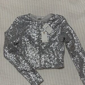 Good American Sparkling Silver Sequin Long Sleeve Top